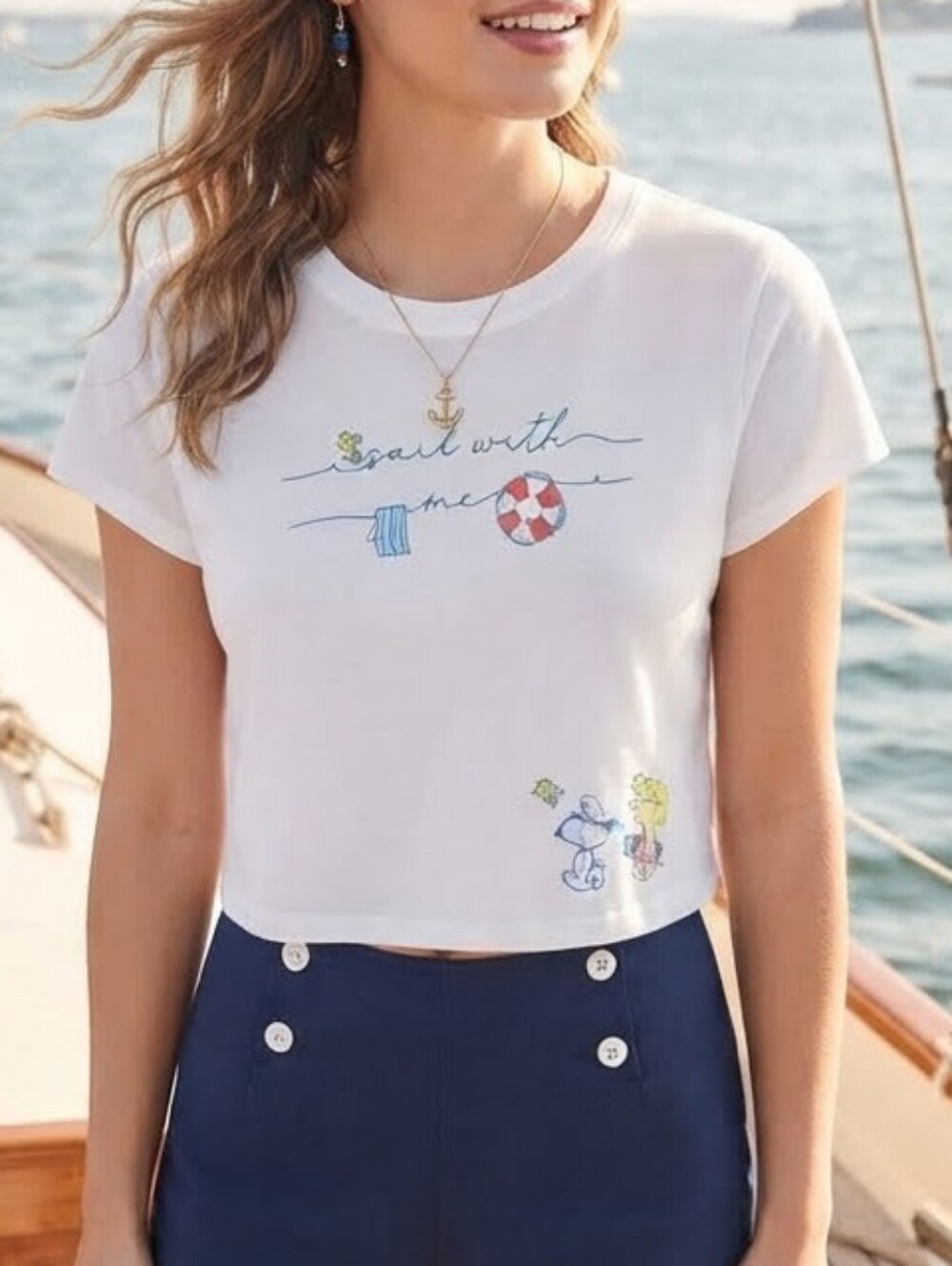 Peanuts White Crop Tee with Nautical Graphic